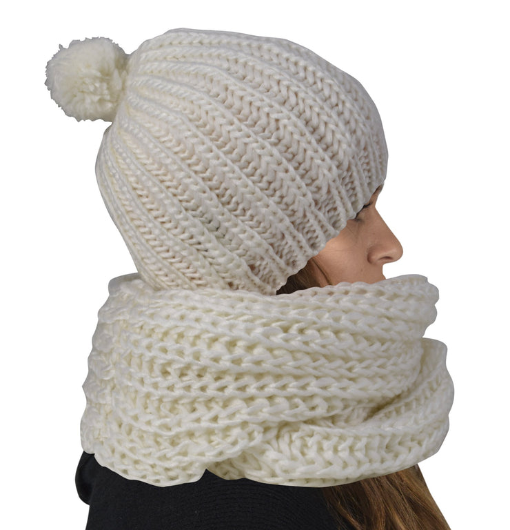 White Cable Knit 2 Pair Faux Fur Beanie Hat and Infinity Loop Scarf Set