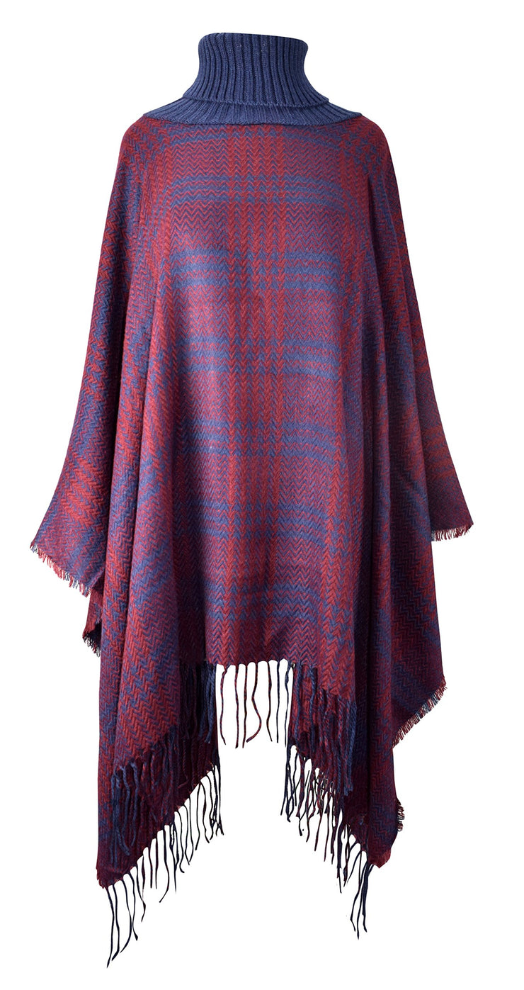 Turtle Neck Checkered Winter Poncho Sweater Pullovers With Fringes
