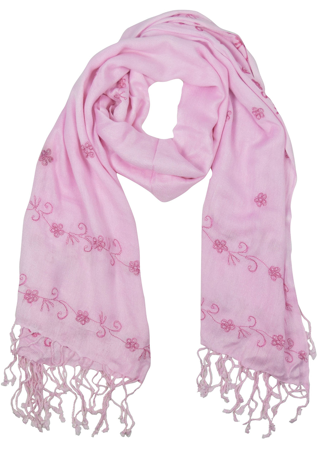 Intricate vintage floral hand embroidery on a soft pashmina shawl with delicate fringe details