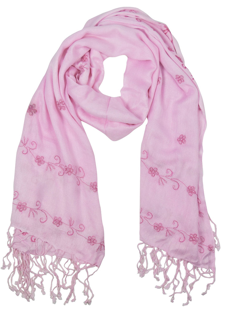 Pink Vintage Floral Hand Embroidered Pashmina Shawl Scarf