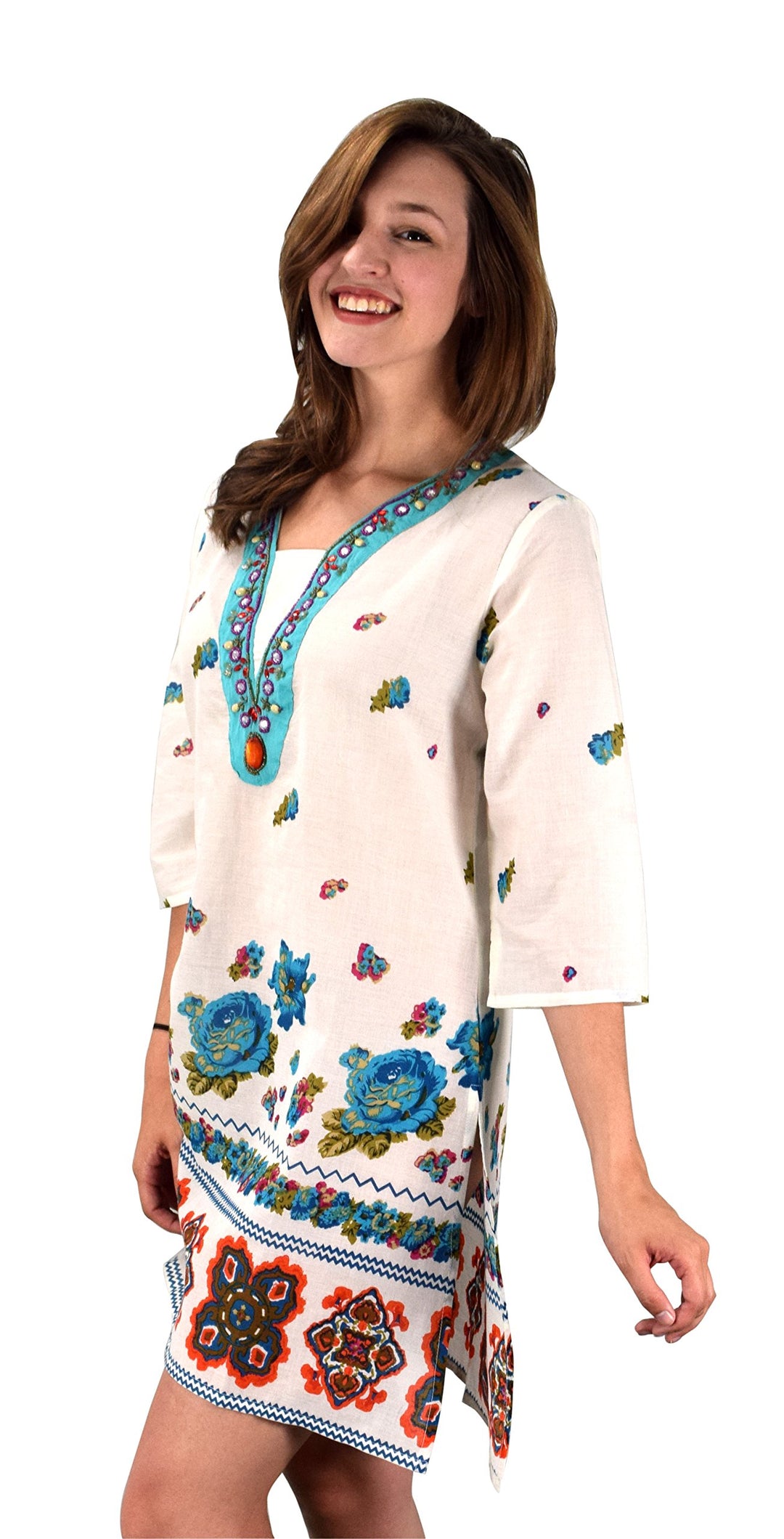 Turquoise cotton petite tunic beachwear featuring floral embroidery and beaded detailing.