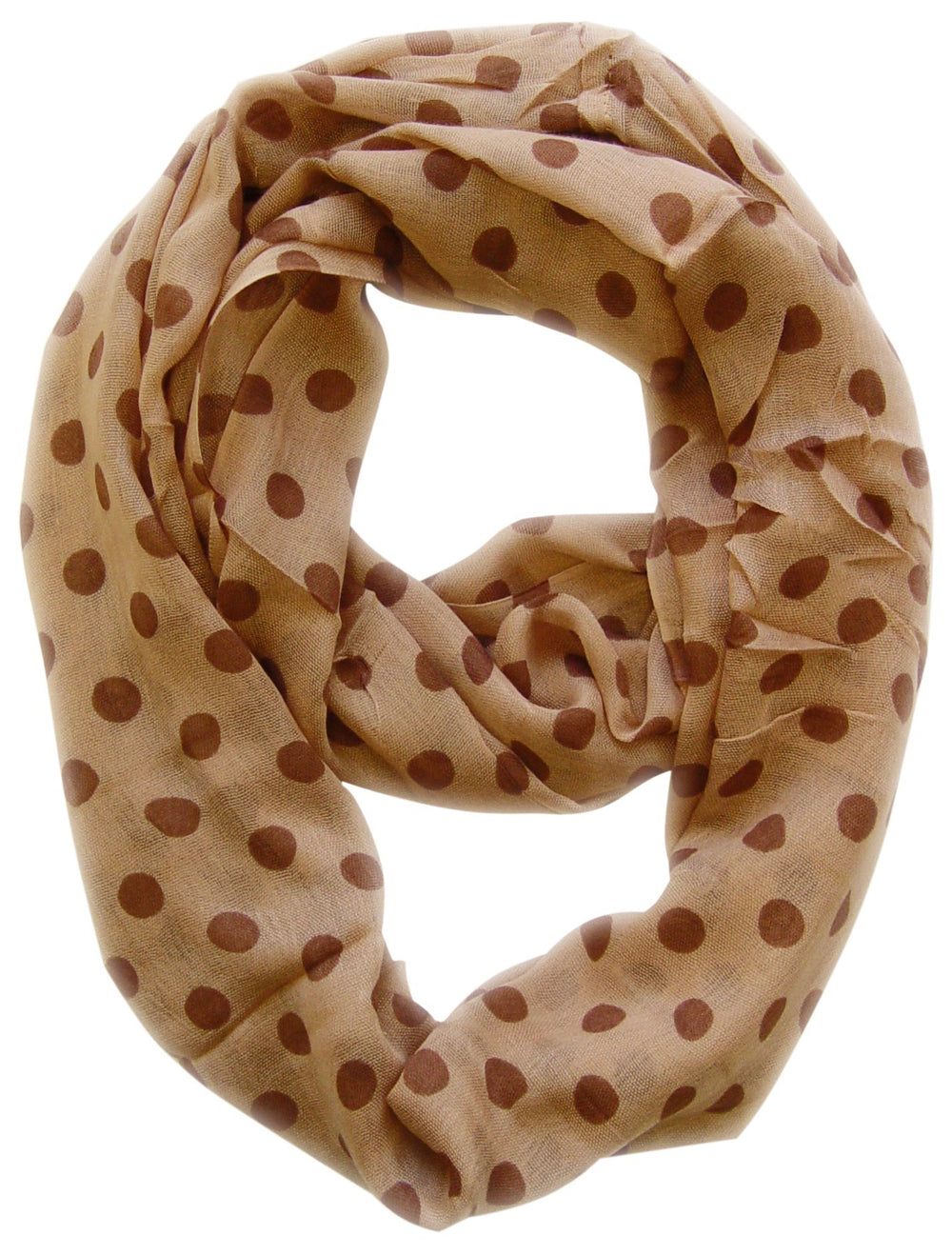 Lightweight taupe and brown polka dot infinity loop scarf with a sheer circle print.