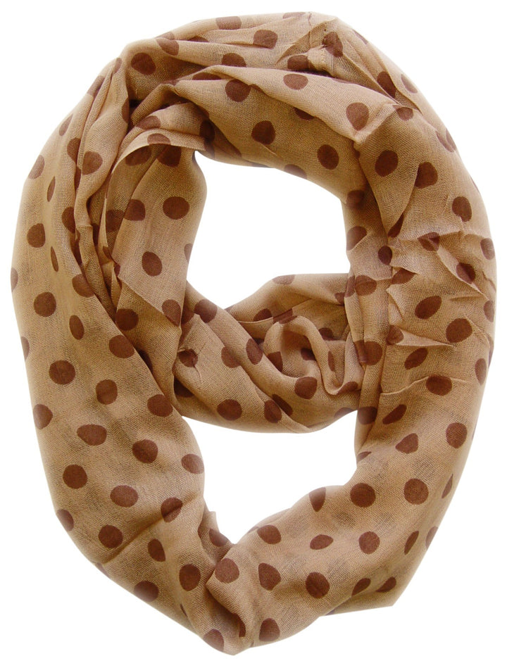 Lightweight taupe and brown polka dot infinity loop scarf with a sheer circle print.