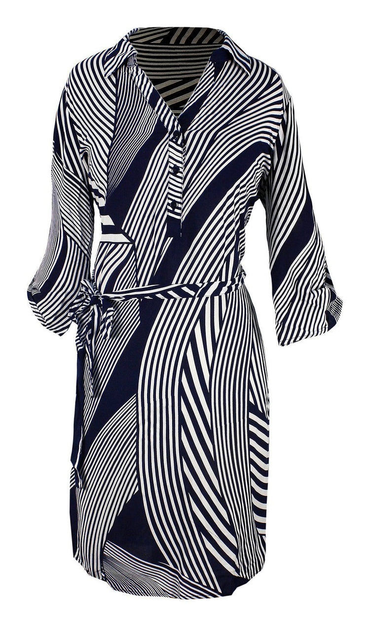 Women's Elegant Soft Striped Button V Neck Shift Dress 3/4 Sleeves