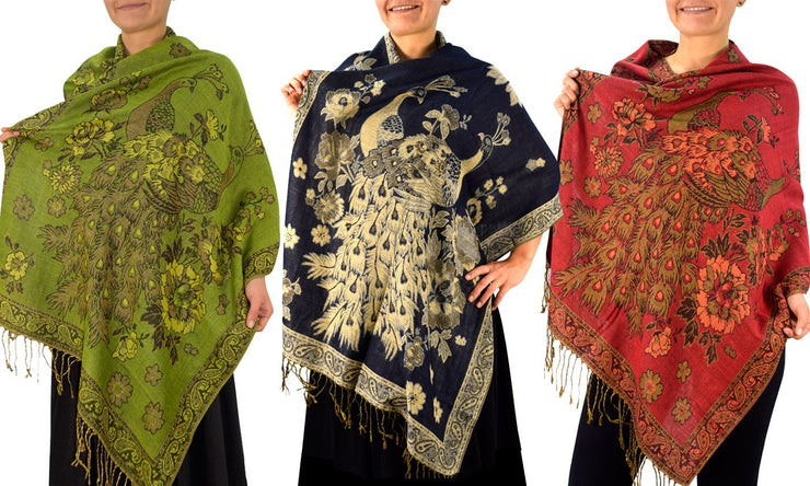 Floral Peacock Reversible Pashmina Wrap Shawl Scarf 3 Pack (Olive/Navy/Red)