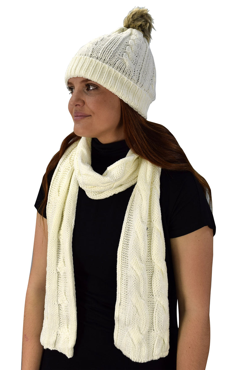 Cable Knit Beret Beanie Hat and Scarf Set