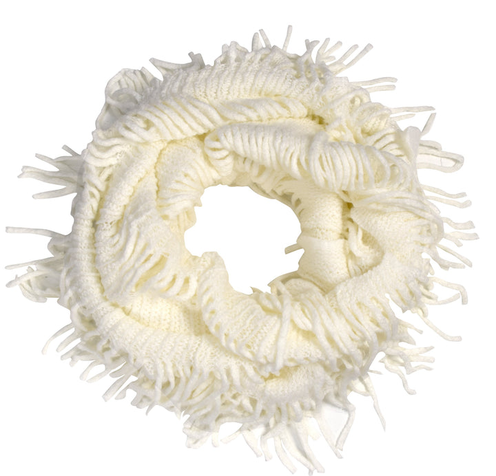 White warm bohemian crochet hand-knitted infinity loop scarf with fringe detail.