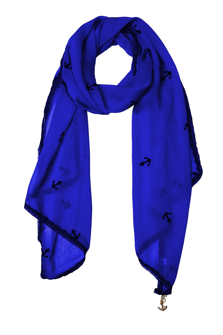 Sheer Vintage Anchor Embossed Scarf with Anchor Charm & Lace Border(Dark Blue)