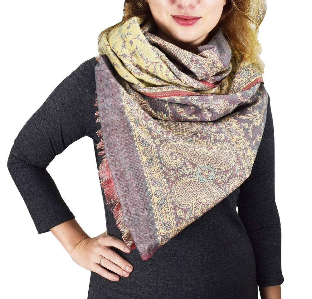 Taupe and coral reversible paisley pashmina shawl with a thick 4-ply weave.