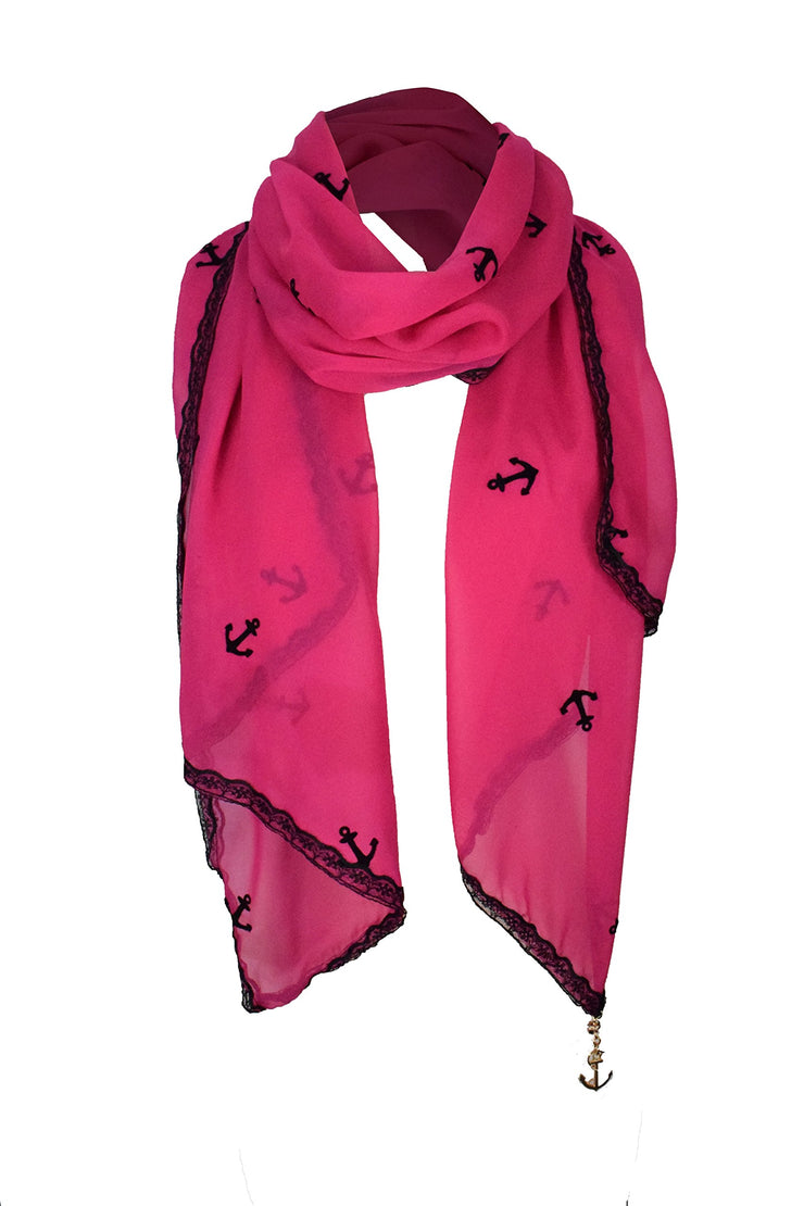 Sheer Vintage Anchor Embossed Scarf with Anchor Charm & Lace Border(Fuchsia)