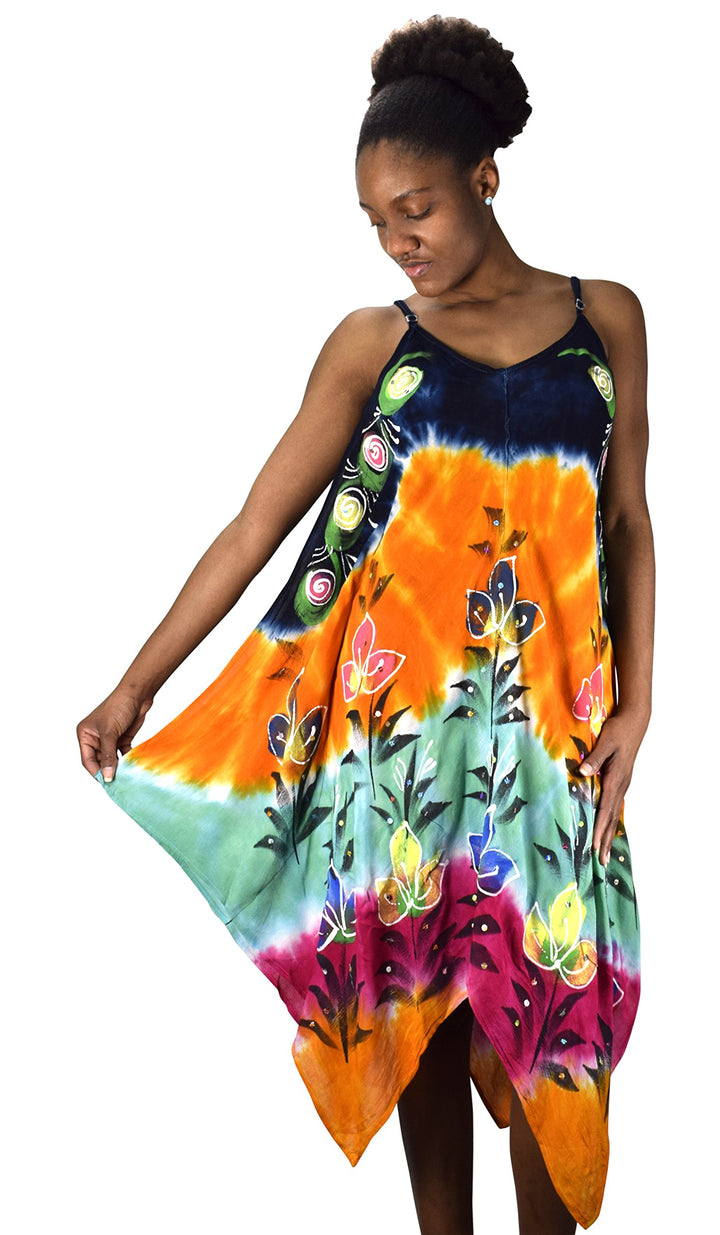 Floral Tie Dye Handkercheif Hem Sleeveless Summer Dress Cover up