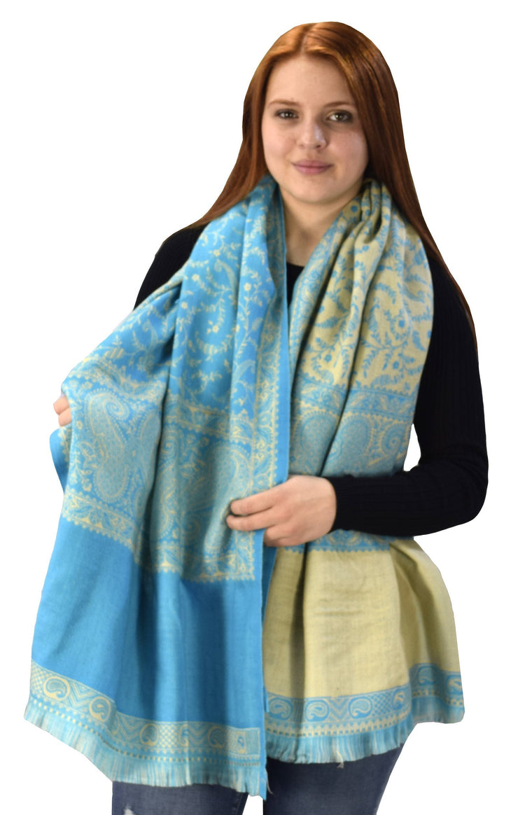 Thick 4 Ply Reversible Paisley Pashmina Blanket Scarf Turquoise/Tan
