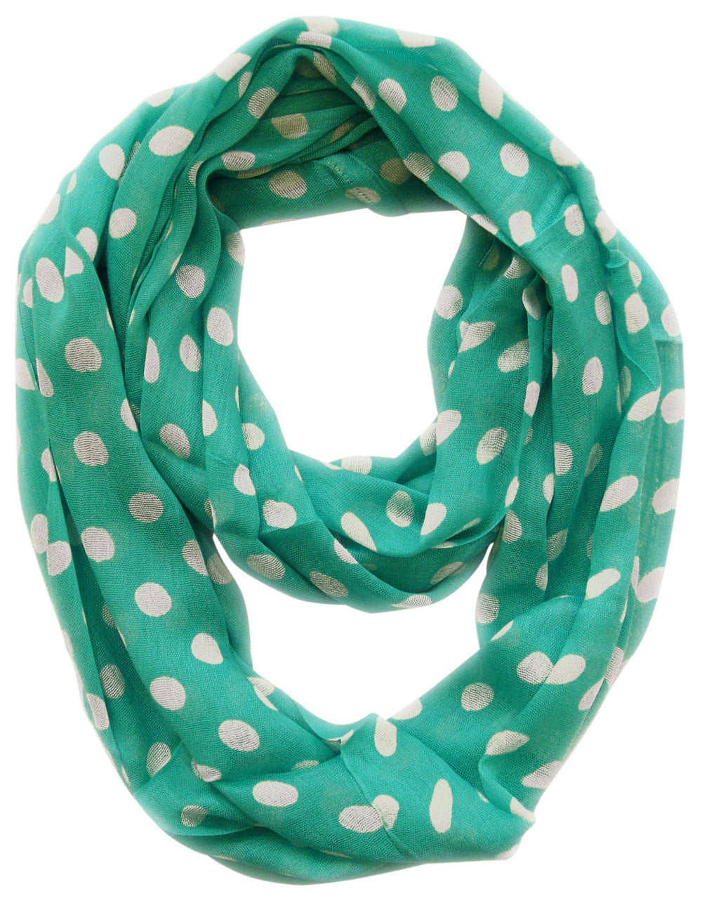 Lightweight teal and ivory sheer infinity loop scarf featuring a polka dot circle print.