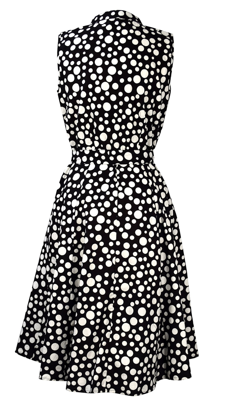 Peach Couture Navy Polka Dot Vintage Retro Button Up Party Dress with Belt