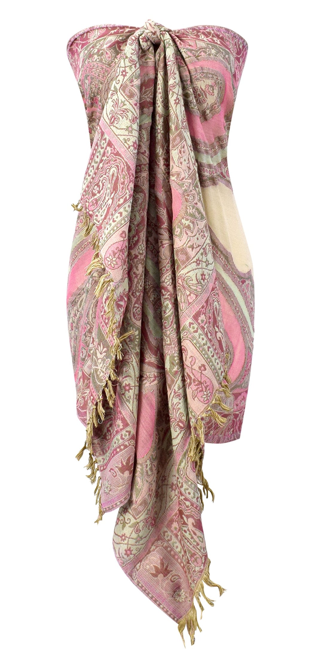 Sheer Handmade Paisley Damask Pashmina Shawl-Pink Tan