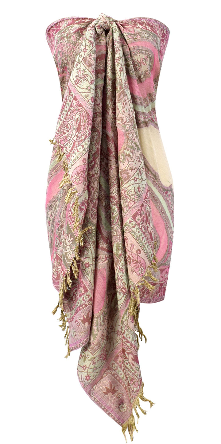 Sheer Handmade Paisley Damask Pashmina Shawl-Pink Tan