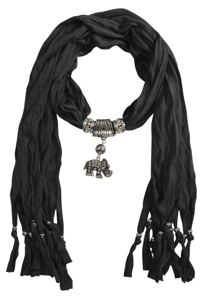 Black Womens Elegant Elephant Luxury Rhinestone Pendant Necklace Scarf
