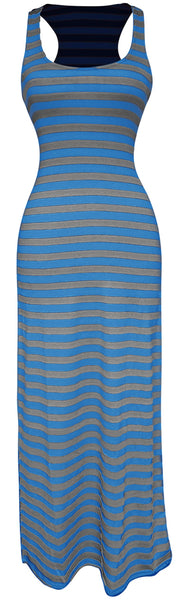 Women's Scoop-Neck Stripes Sleeveless Long Maxi Dress, Bold Striped Blue Grey, X-Large