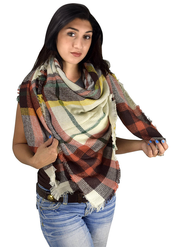 Orange Yellow Warm Tartan Plaid Woven Oversized Fringe Scarf Blanket Shawl Wrap