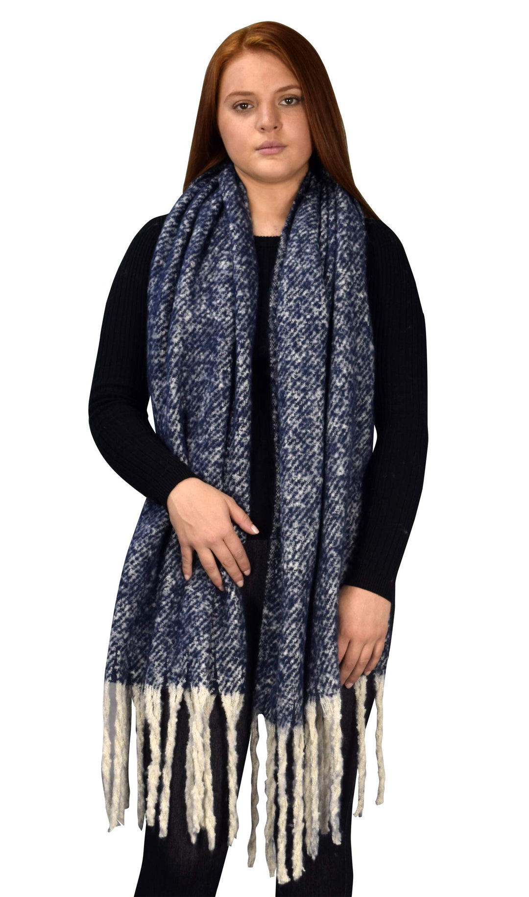 Navy Winter Soft and Warm Cashmere Feel Tasseled Knitted Chunky Wrap Scarf