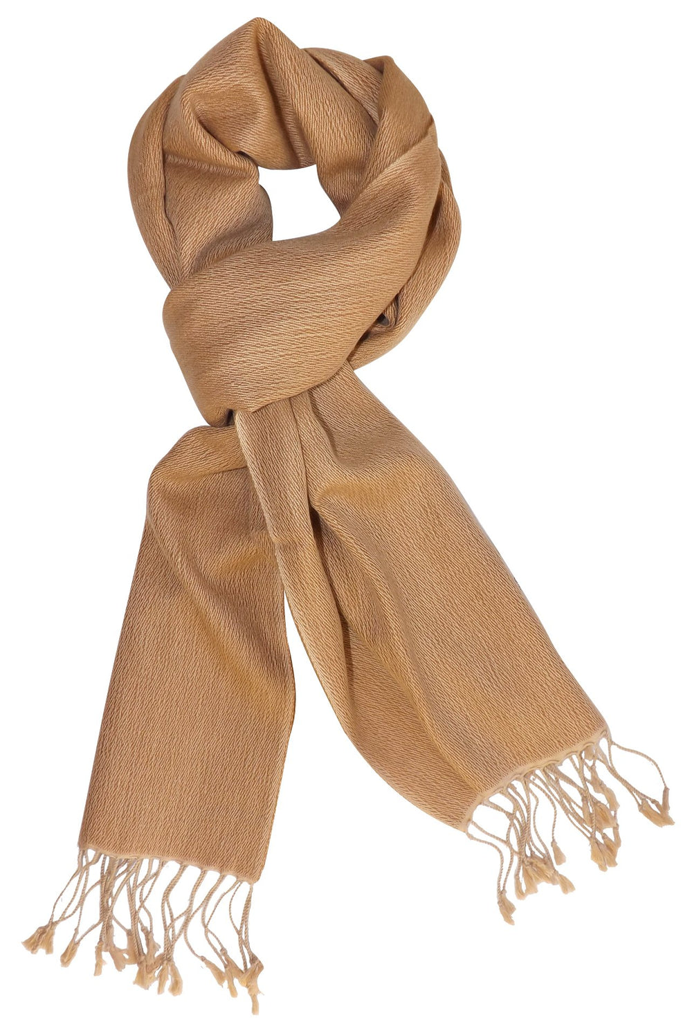 Luxurious camel-colored scarf crafted from a soft cashmere and silk blend featuring a classic rectangular shape and delicate fringed edges.