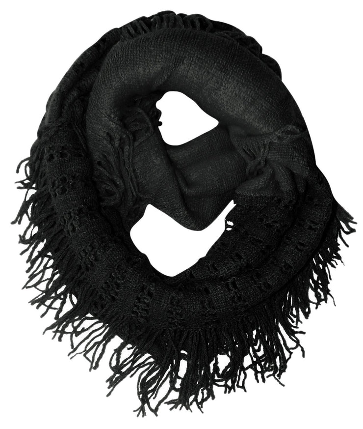 Black Square Peach Couture Warm Bohemian Crochet Hand Knitted Fringe Infinity Loop Scarf Wrap