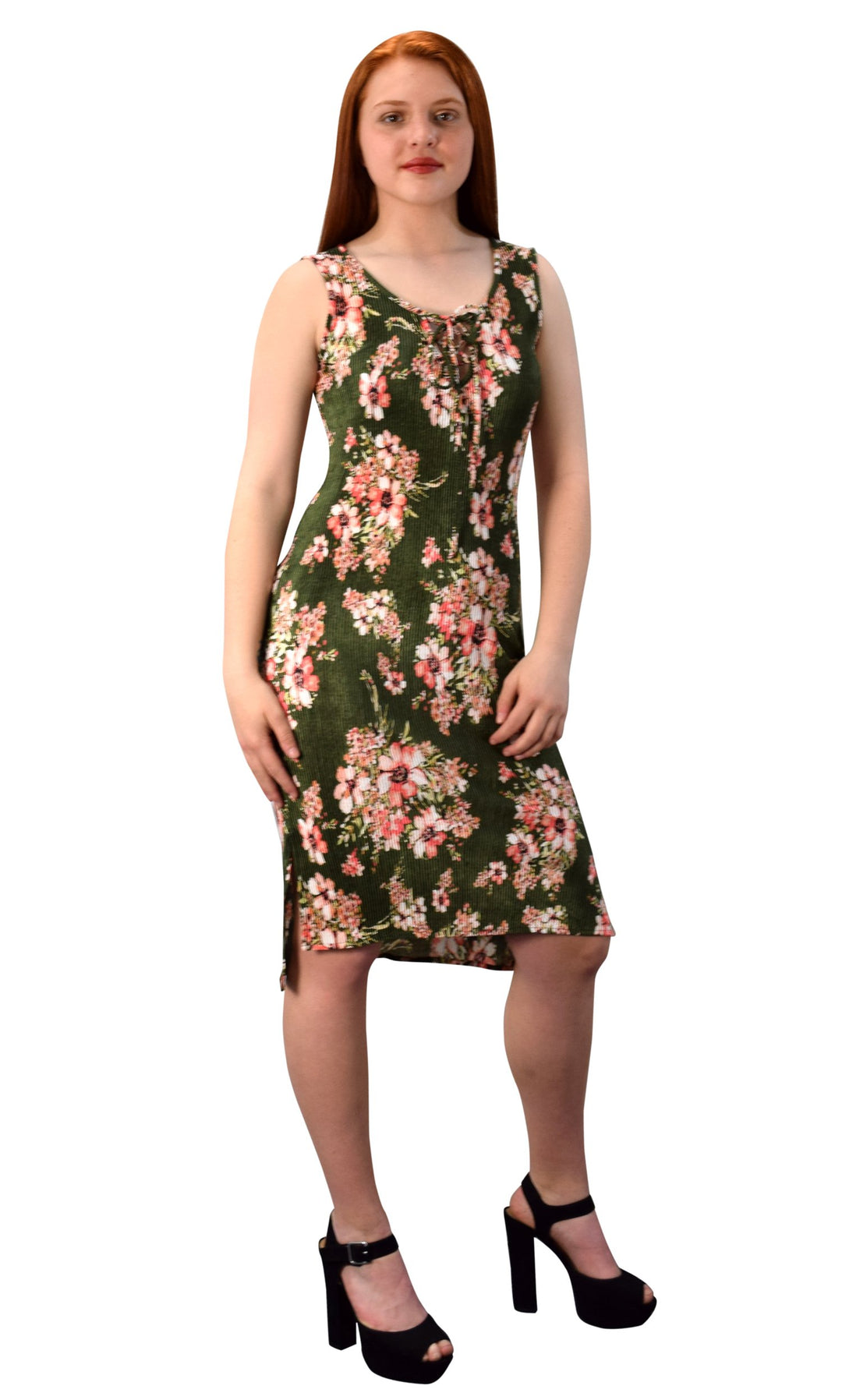 Womens Floral Print Sleeveless Pleat Fabric Bodycon Dress
