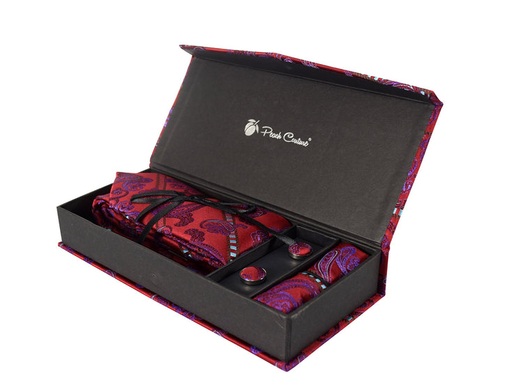 Luxurious Mens Silk Feel Paisley Necktie Cufflink Handkerchief Set