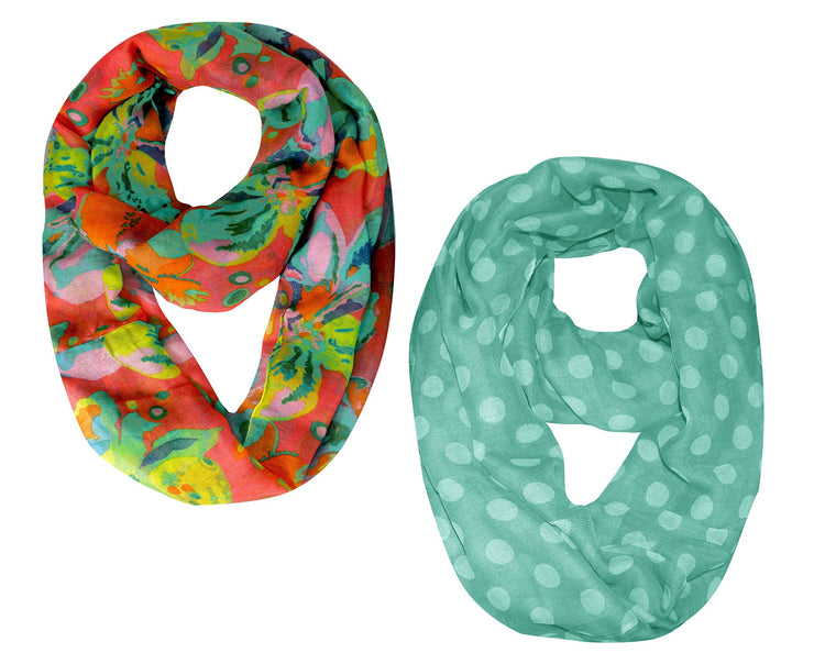 Green Coral Best Of Both Worlds Polka Dot and Floral Sheer Infinity Scarf Loop
