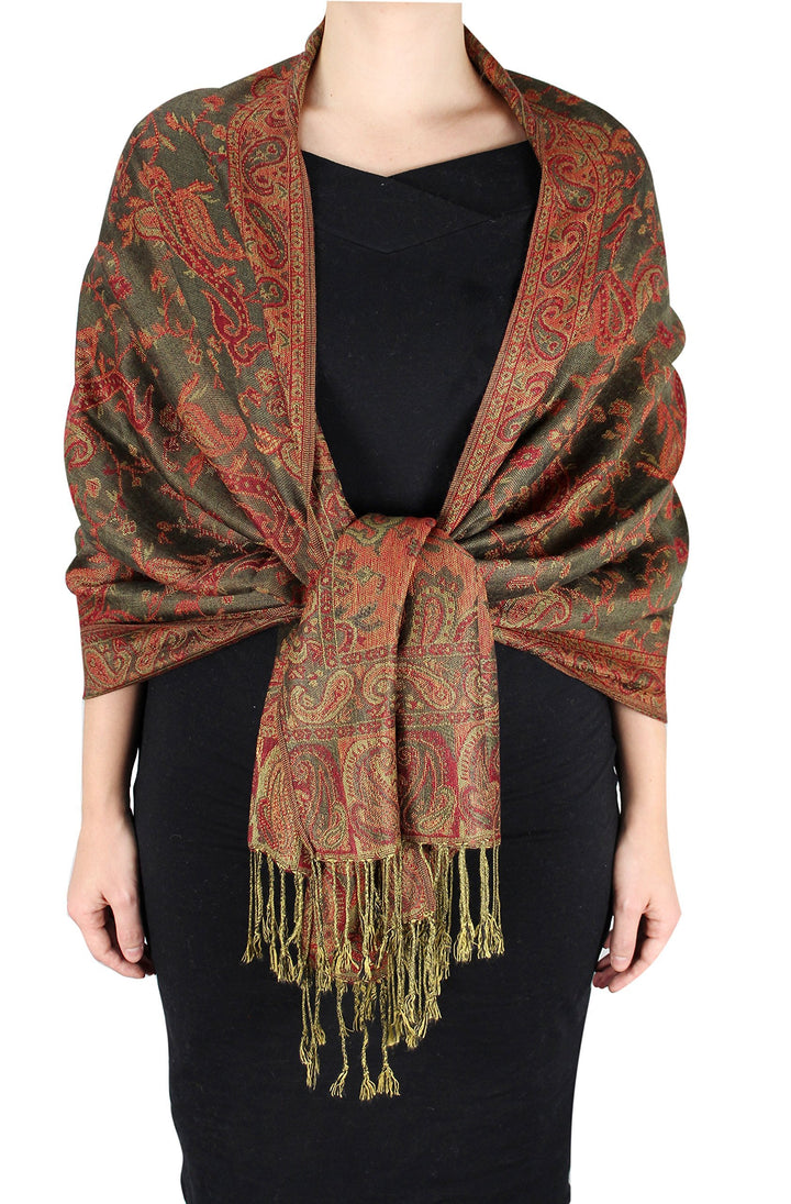 Reversible double-layered pashmina shawl featuring an olive green and brown paisley pattern with fringed edges.