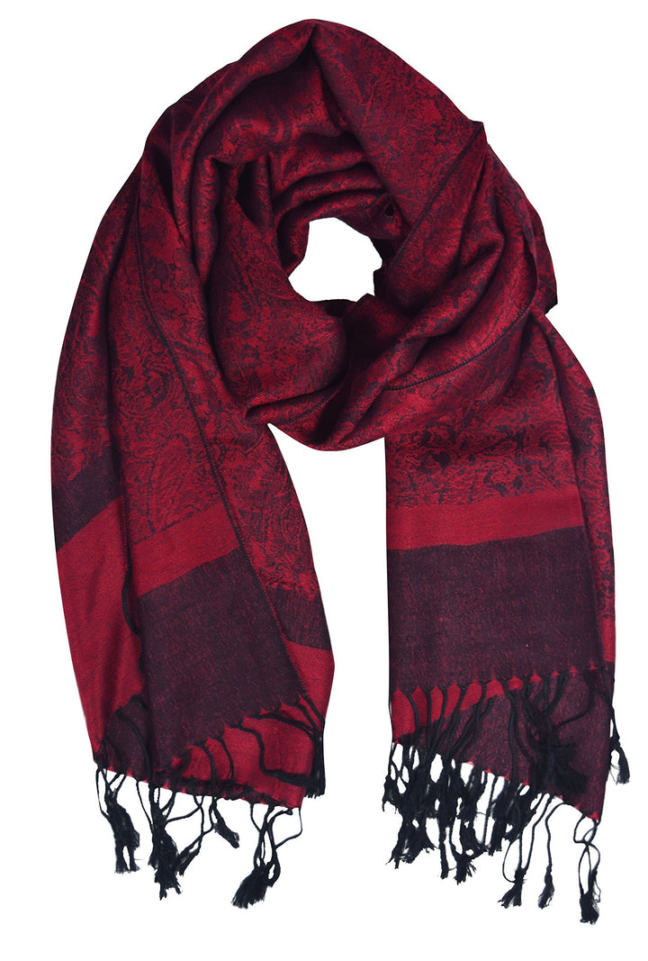 Vintage red and black jacquard paisley shawl with elegant fringe detail.