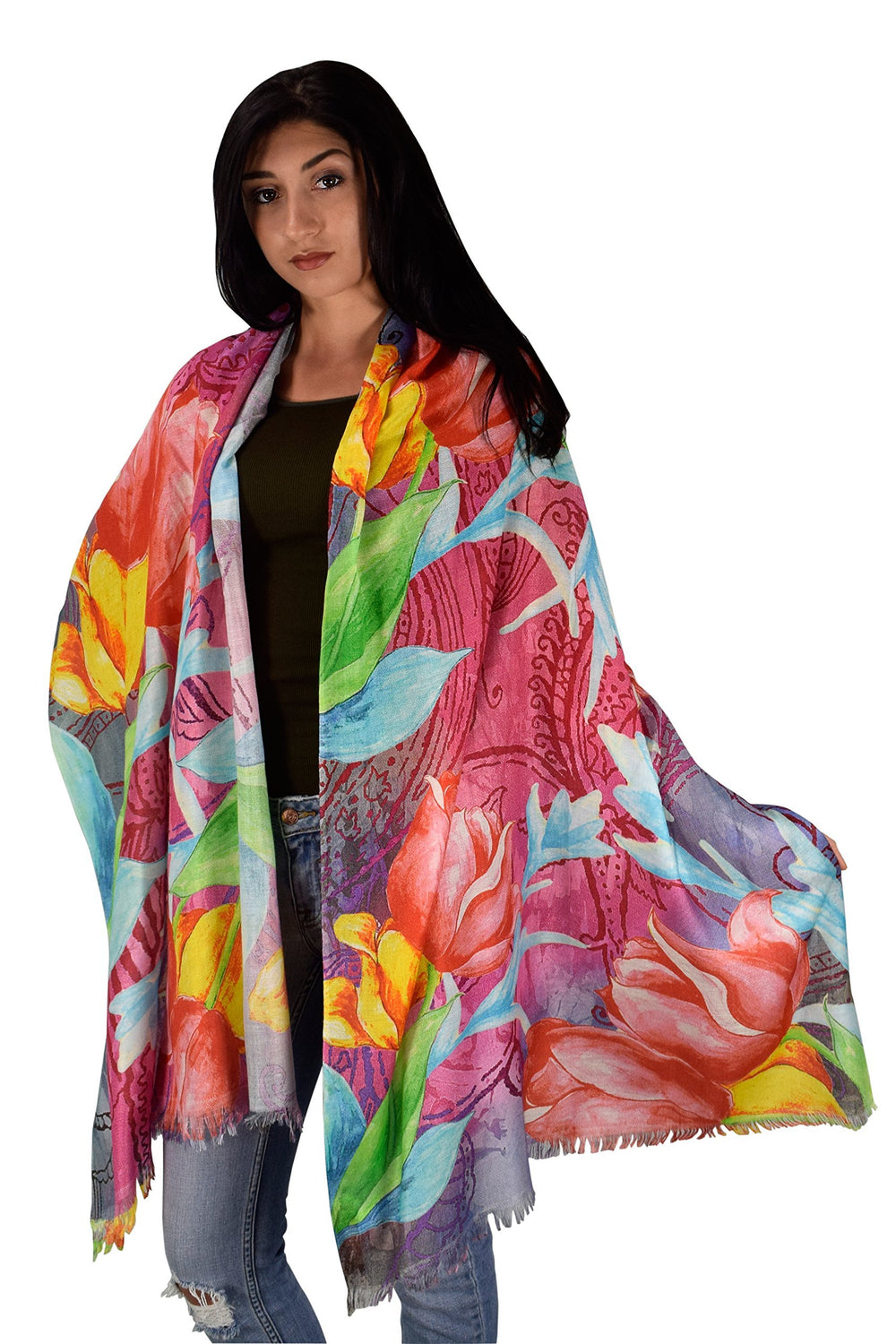 Lightweight floral embroidered burnout summer scarf with sheer fabric and intricate flower patterns