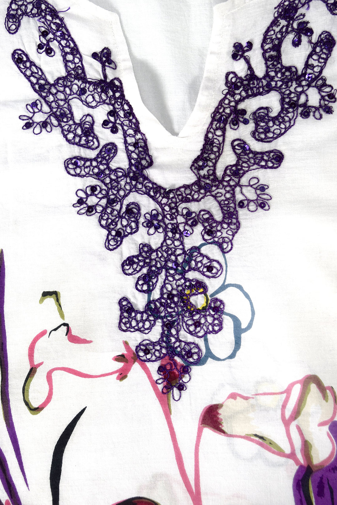Purple floral embroidered vintage petite cotton tunic coverup beachwear with sequin details.