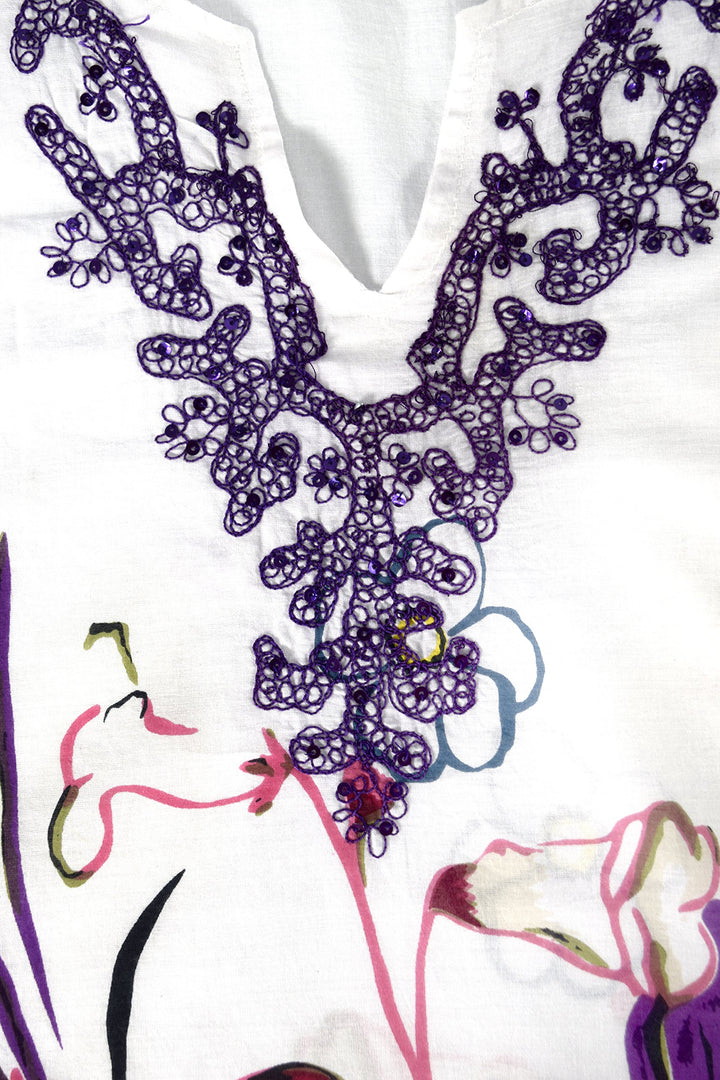 Purple floral embroidered vintage petite cotton tunic coverup beachwear with sequin details.