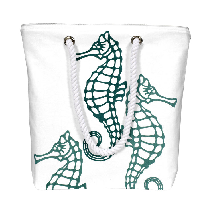 Premium Cotton Canvas Beach Handbags Nautical Seahorse Design Bag - Green
