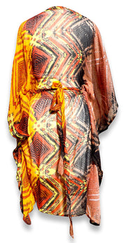 Light Weight Geometric Tribal Print Long Sleeve Fabric Belt Summer Tunic Mini dress ZigZag Orange X-large