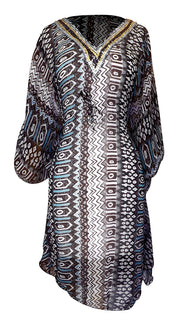 Light Weight Geometric Tribal Print Long Sleeve Fabric Belt Summer Tunic Mini dress Tribal Brown Medium