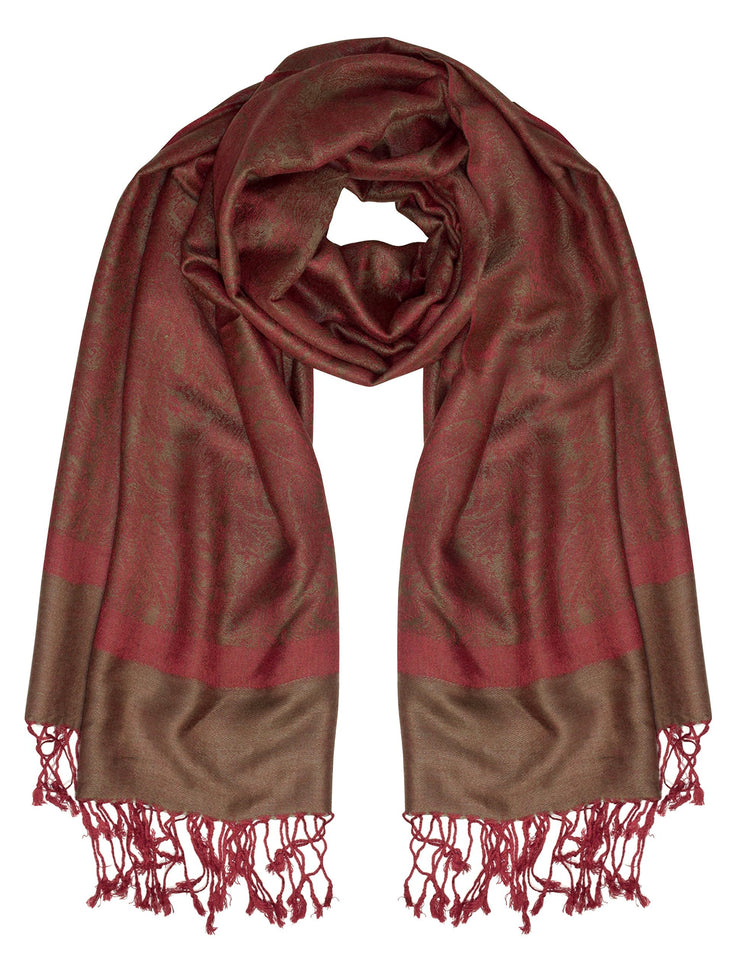 Red/Chocolate Brown Peach Couture Elegant Vintage Jacquard Paisley Feel Shawl Wrap Scarf