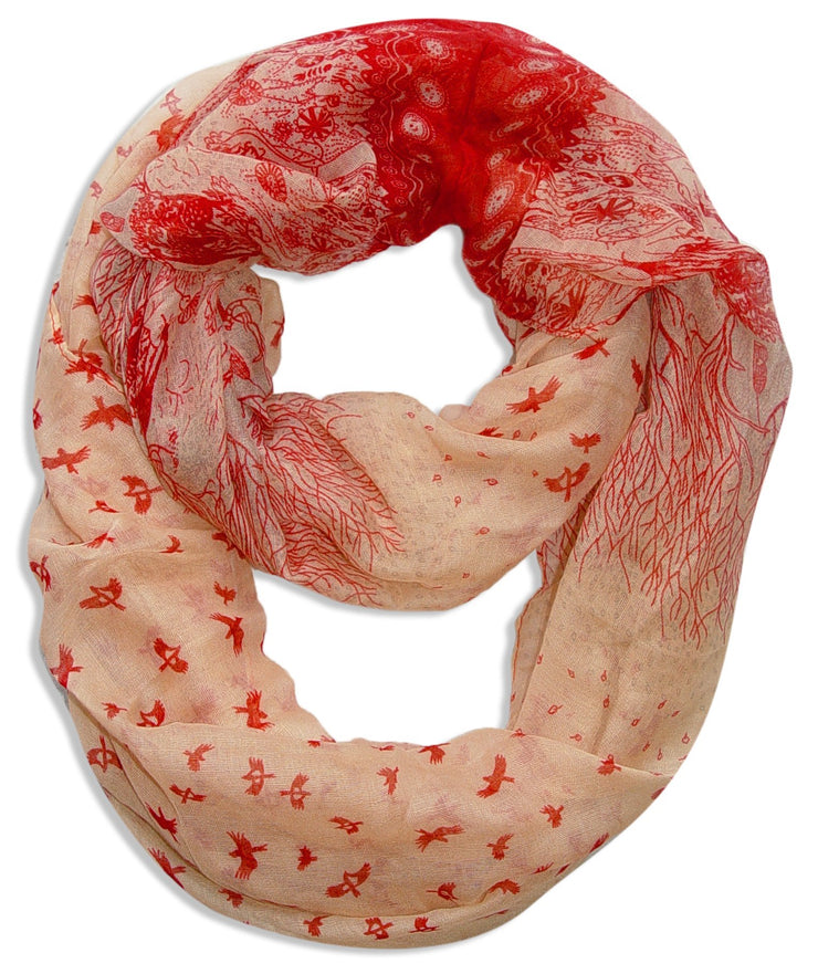 Red/Tan Peach Couture Beautiful Vintage Two Colored Bird Print Infinity Loop Scarf Scarves