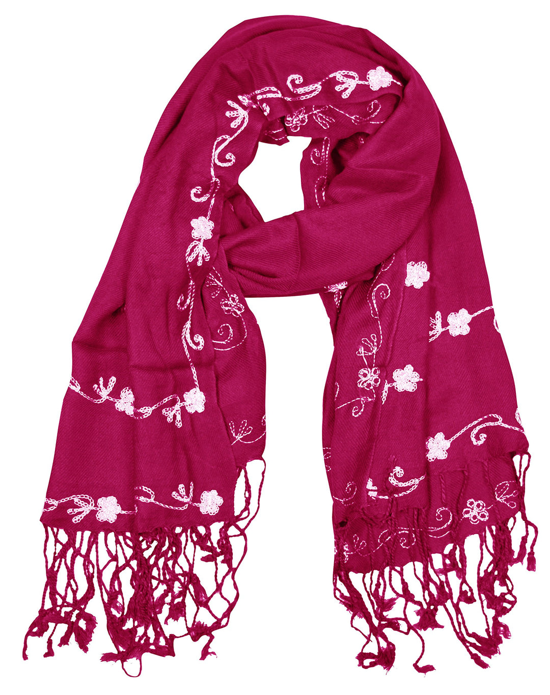 Lightweight summer scarf with delicate hand-embroidered floral patterns and a soft fringe finish
