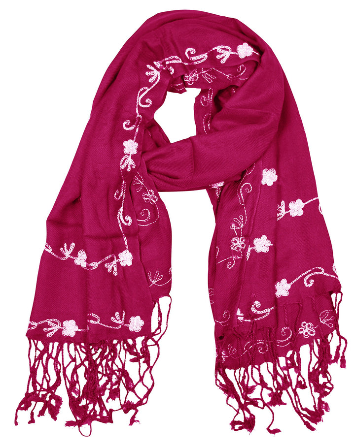 Lightweight summer scarf with delicate hand-embroidered floral patterns and a soft fringe finish