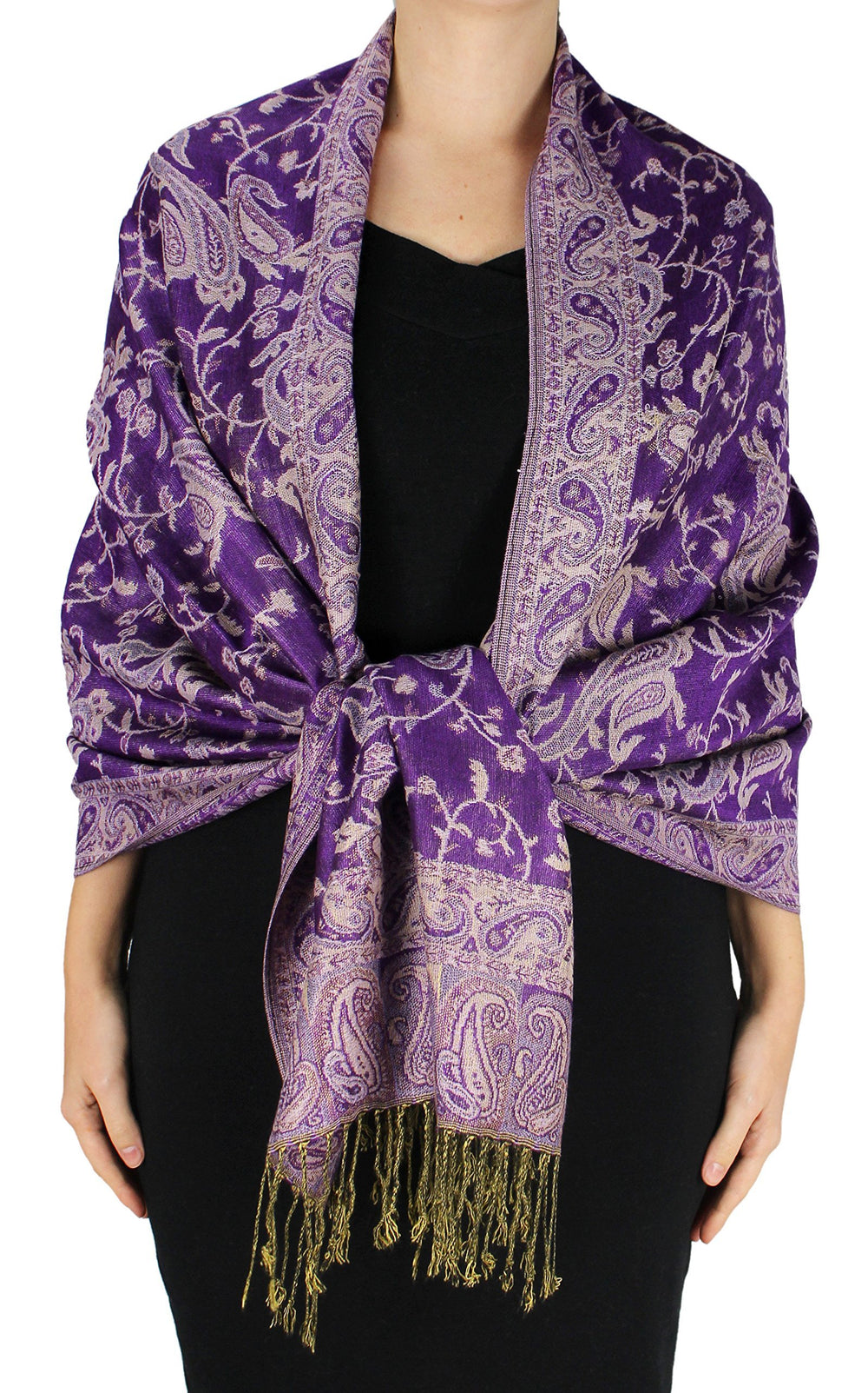 Luxurious double-layer reversible pashmina shawl featuring an intricate floral paisley pattern in grape purple with delicate fringed edges.