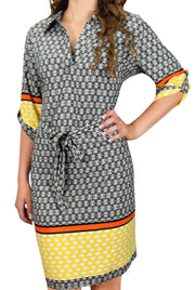 Peach Couture Womens Multi Pattern V Neck Shift ¾ Sleeve Waist Tie Shift Dress Medium Yellow Orange