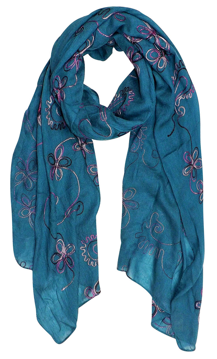 Beautiful Blossoms Embroidery Sheer Scarf Wrap Teal