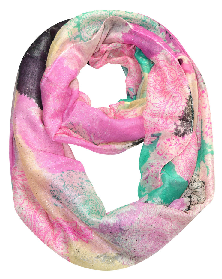 Emerald and Fuchsia Peach Couture Shimmering Rainbow Paisley Sparkle Infinity loop Scarf