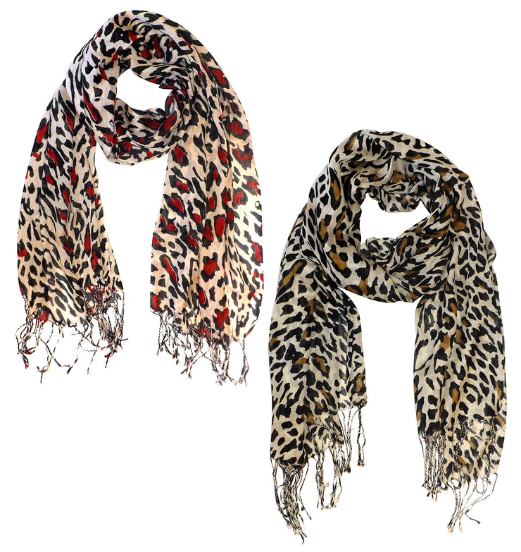 Red/ Classic Brown Peach Couture Beautiful Soft and Silky Leopard Print Pashmina Shawl Scarves