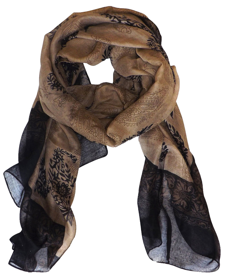 Taupe and Black Peach Couture All Season Tribal Flower graphic print Paisley Lightweight Scarf
