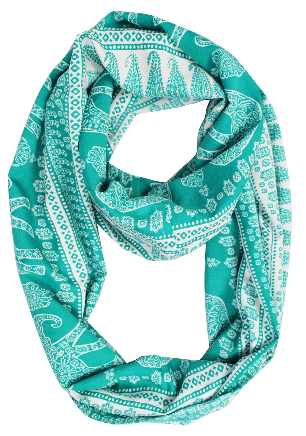 Lightweight infinity loop scarf featuring a colorful tribal paisley and floral elephant animal print design for women