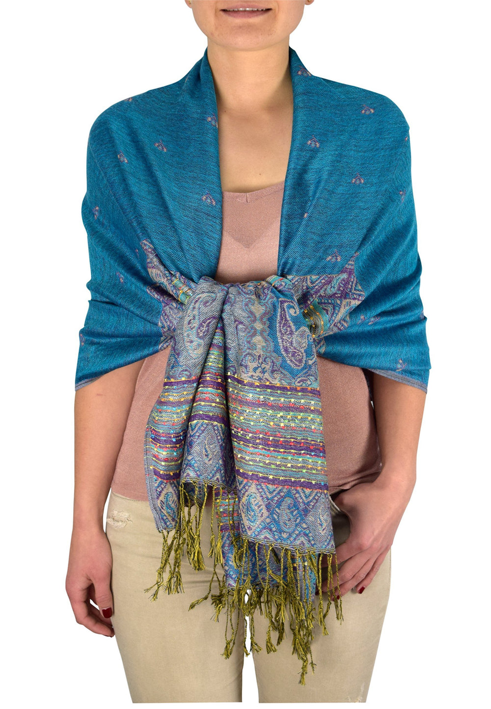Turquoise ethnic design bohemian pashmina shawl with reversible tribal border pattern.