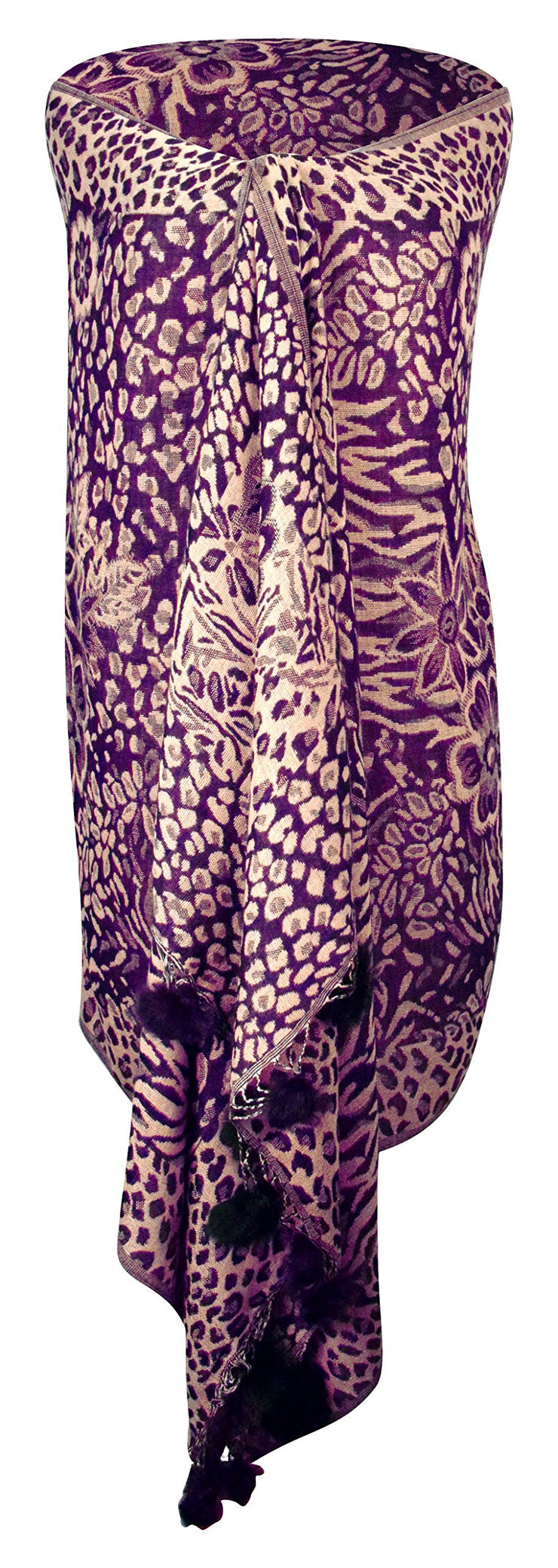 Purple Women's Retro Style Warm Floral Animal Print Pashmina Scarf with Faux Fur Poms